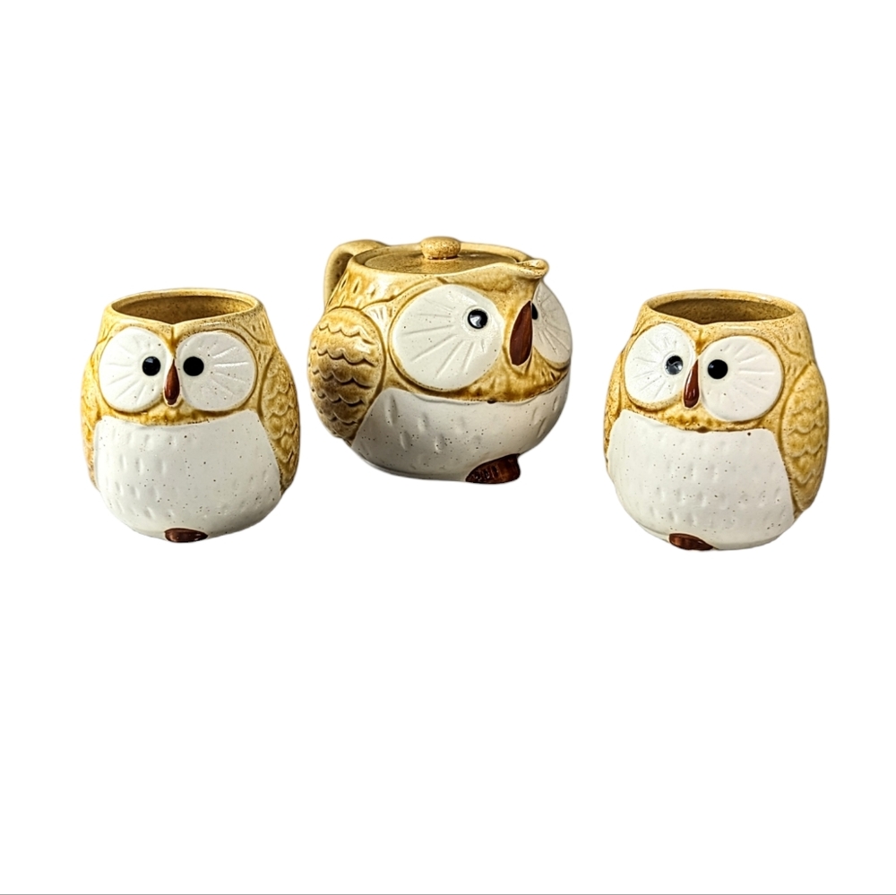 Kotobuki Owl Pottery Teapot And Cups Set Of 3